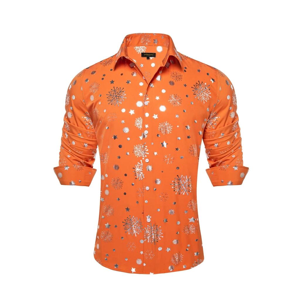 DiBanGu Christmas Shirts for Men Orange Snowflake Medium